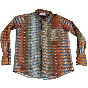 African Print Shirt Men L Multi Color Wax Print Cotton Long Sleeve Button Up Top